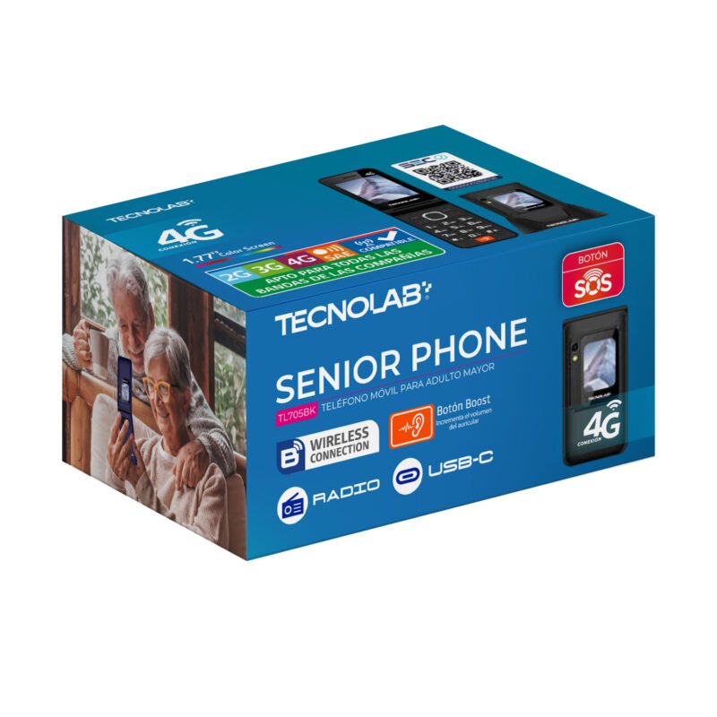 Teléfono Celular Senior 4G Flip Tecnolab Doble Pantalla con Botón SOS Negro