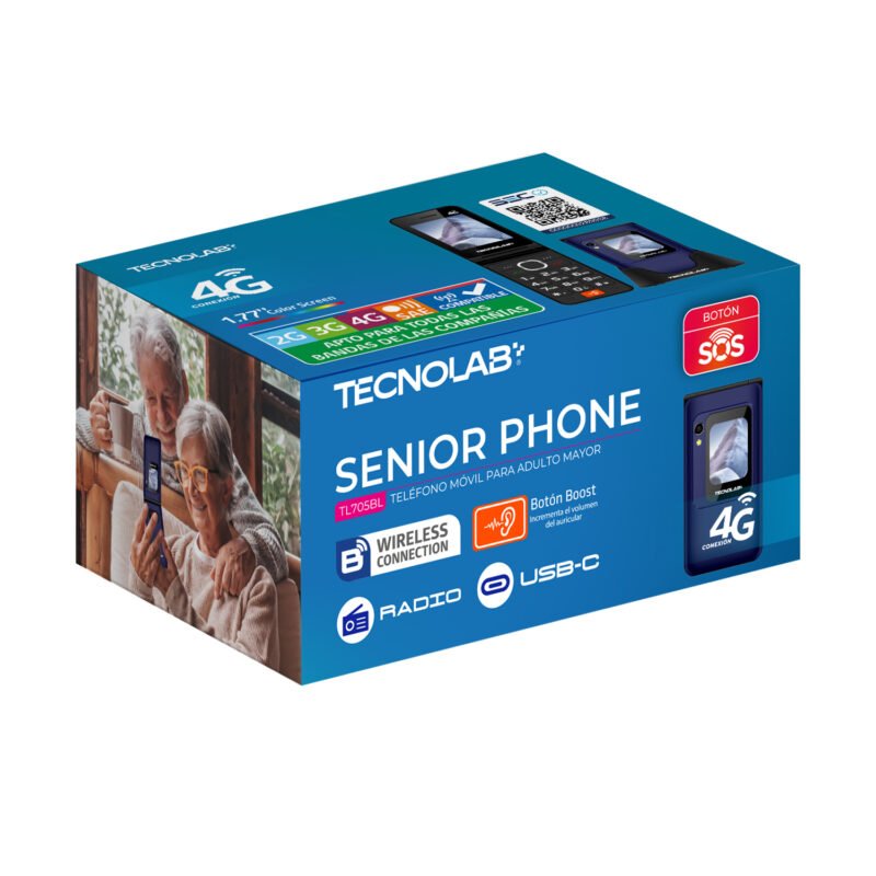 Teléfono Celular Senior 4G Flip Tecnolab Doble Pantalla con Botón SOS Azul