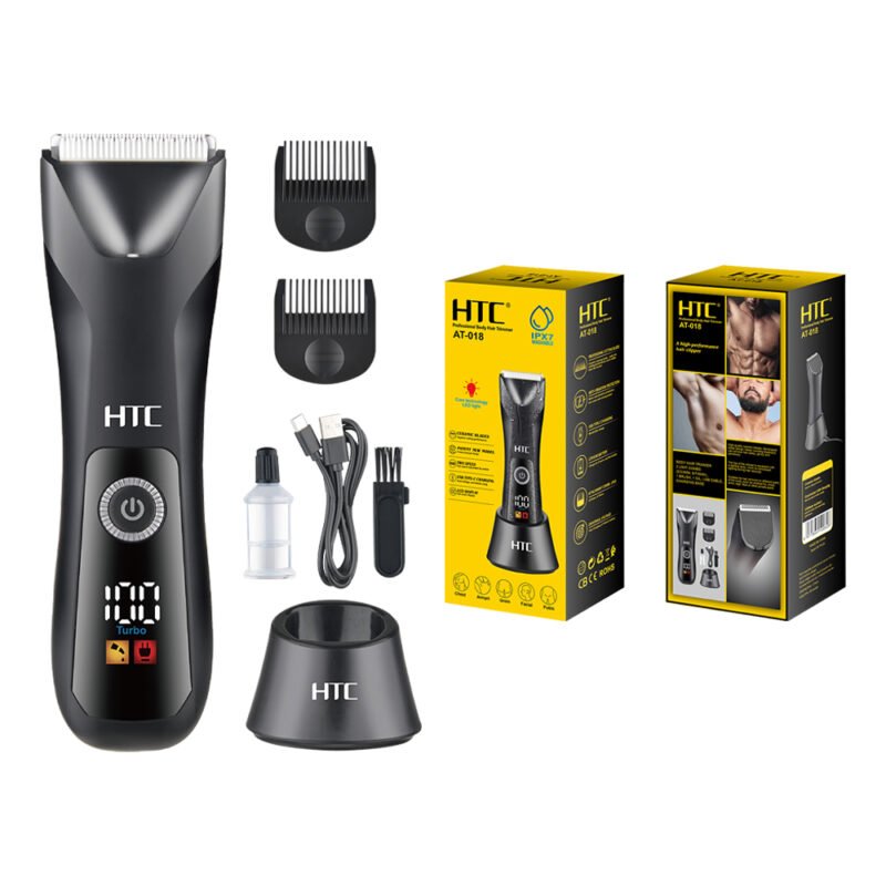 afeitadora htc corporal inalambrica con cuchilla de ceramica, 2 velocidades ajustables, incluye peines, con base de carga tipo c y pantalla led. — vista 3