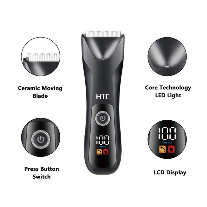 afeitadora htc corporal inalambrica con cuchilla de ceramica, 2 velocidades ajustables, incluye peines, con base de carga tipo c y pantalla led. — vista 4