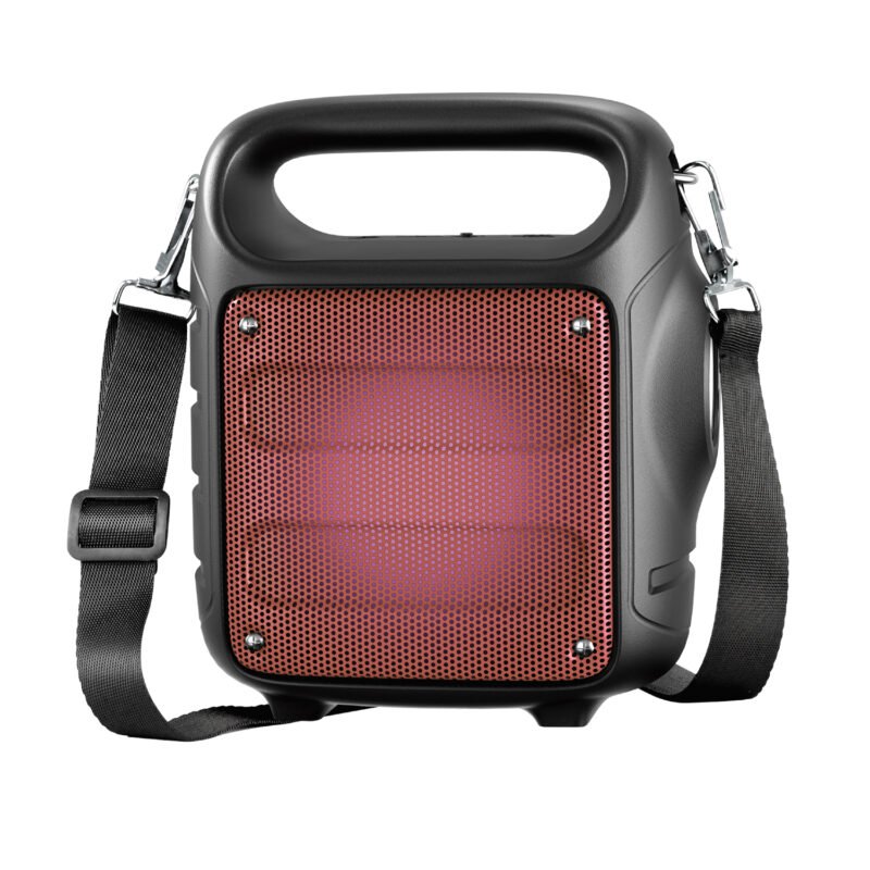 parlante audiopro portatil fm con linterna usb/sd/bateria recargable. red