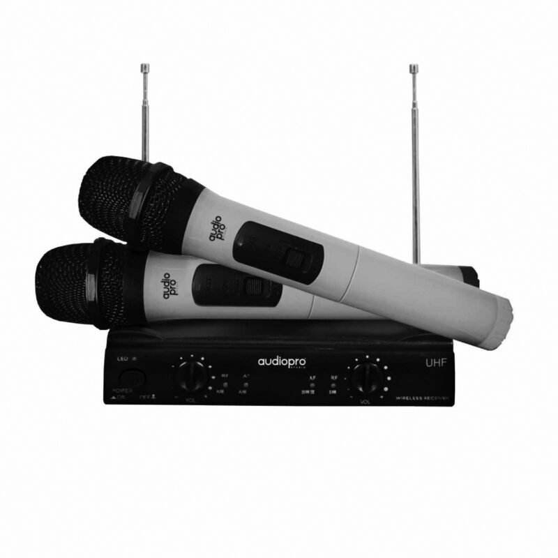 microfono audiopro inalambrico con sistema uhf, 2 1 receptor, 50m distancia eficiente, bateria seca aa 1.5.