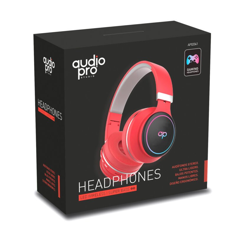 audifono headband audiopro gamer con bt/fm/tf/aux, cable 1.5m, red — vista 2