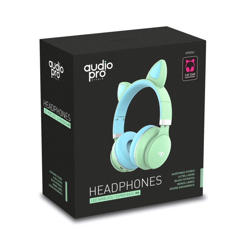audifono audiopro headband orejas de gato bt con luz led ultra ligeros, green — vista 2