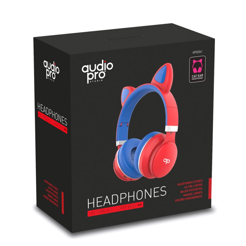 audifono audiopro headband orejas de gato bt con luz led ultra ligeros, red — vista 2