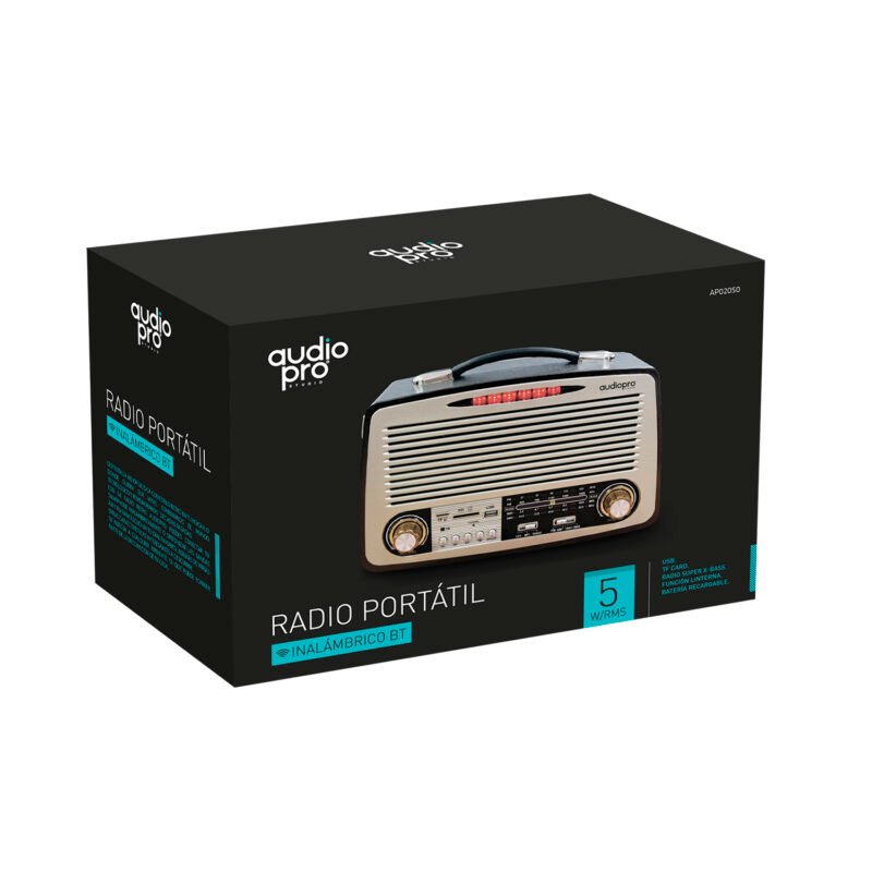 radio audiopro retro portatil. bt grabadora/ fm/usb/sd/recargable.