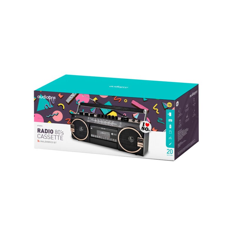 radio audiopro retro con cassette bt/usb/sd, 2 altavoces integrados x bass.