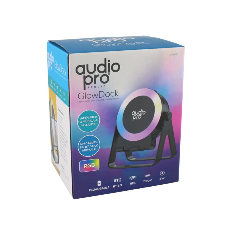 parlante audiopro inalambrico rgb 8w recargable, bt 5.3 y nfc con soporte para celular, interfaz tipo c, incluye cable de carga. — vista 2