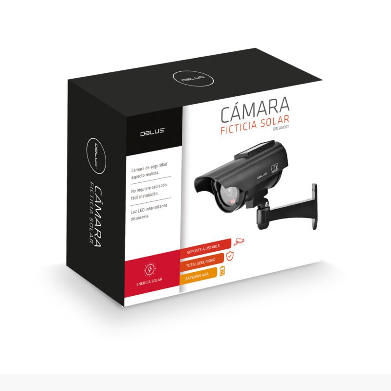 camara de seguridad dblue solar falsa, aspecto realista, con baterias recargables con panel solar