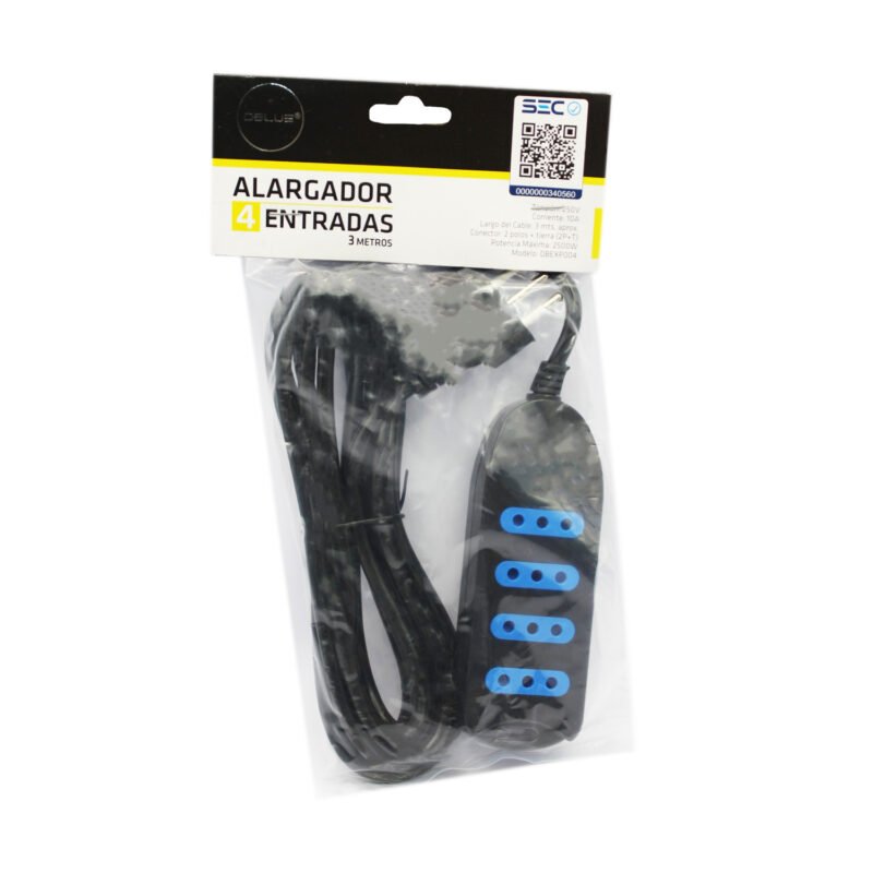 alargador multiple dblue 4 entradas de 3 mts, con certificacion sec, black