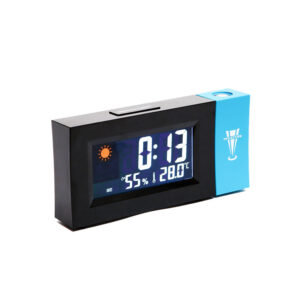 reloj despertador con pantalla led con proyeccion de numeros, con indicador de humedad y temperatura.