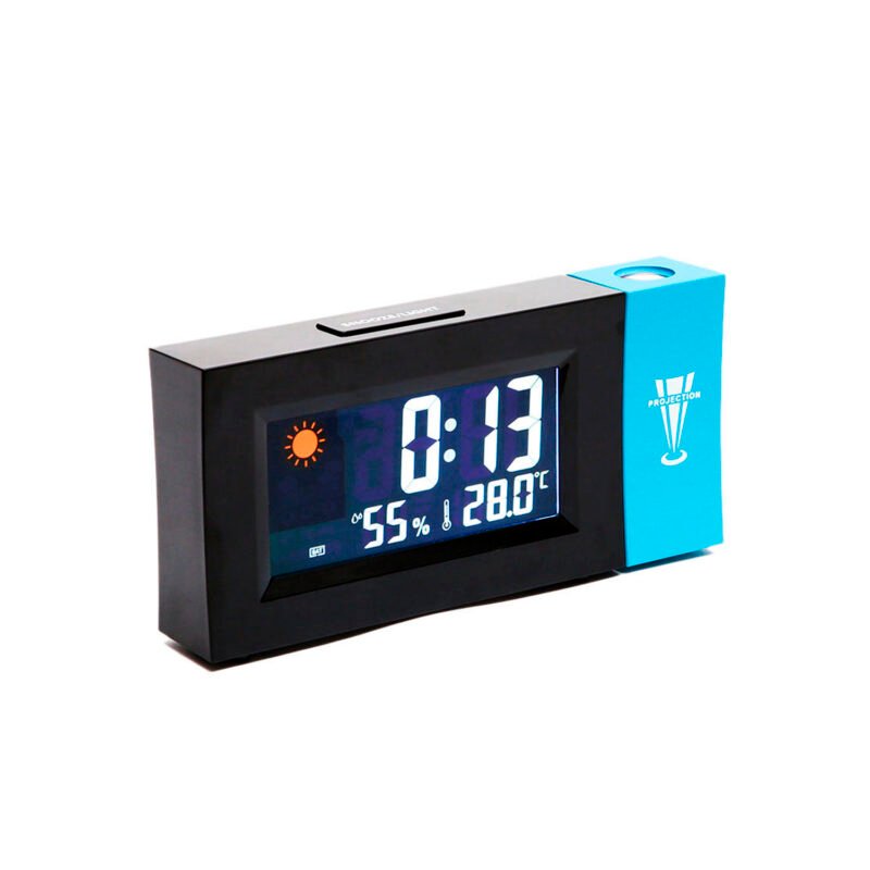 reloj despertador con pantalla led con proyeccion de numeros, con indicador de humedad y temperatura.