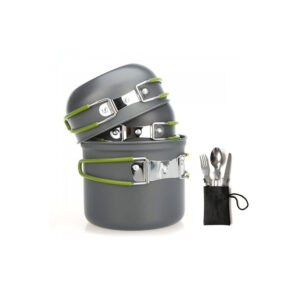 set ollas de camping 11 piezas con cocinilla y cubiertos / incluye malla de transporte