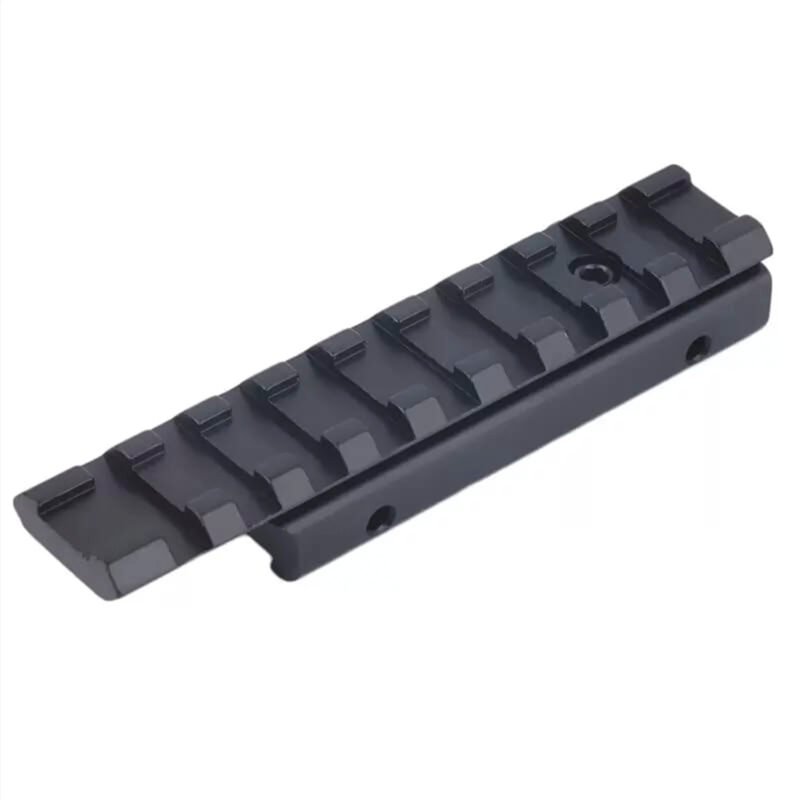 riel montable con adaptador estable, monta mira con montura 200, riel acodado y tornillo de tope adicional.