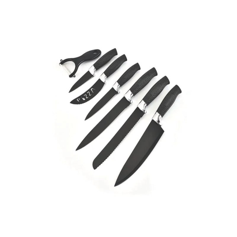 set de cuchillos 7 piezas, mango ergonomico, resistente, color, diferentes tamaÑos y usos. black