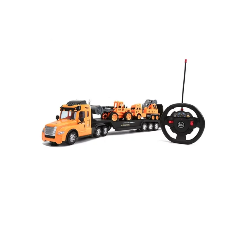 vehiculo a control remoto camion remolque radio escala 1:16 con luz y maquinas de construccion.
