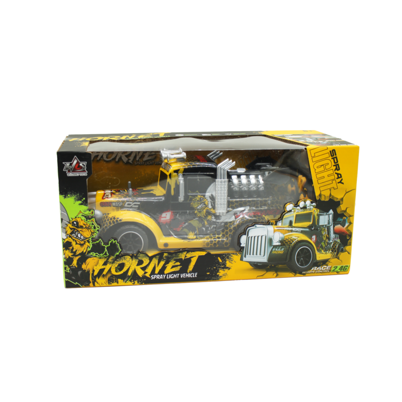 vehiculo a control remoto camion hornet con luz spray multi color (simulacion a control remoto de humo) 2.4g 4 canales yellow — vista 3