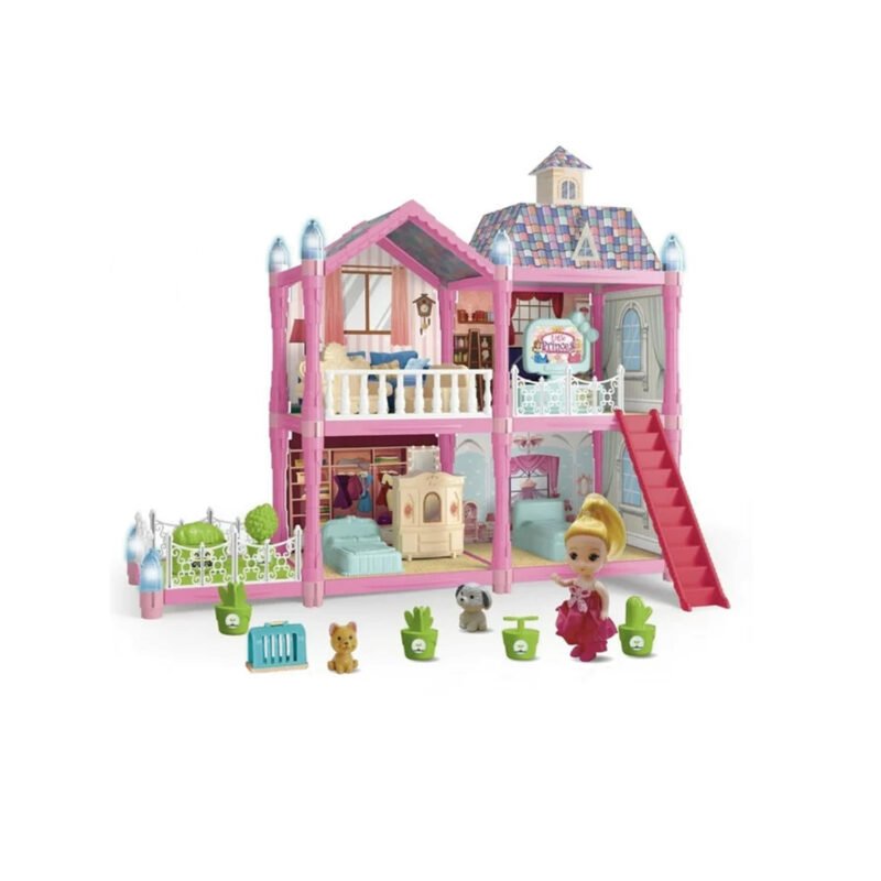 casa de muÑecas rosada de 2 pisos, 112 piezas, con luces, para niÑos mayores de 3 aÑos.