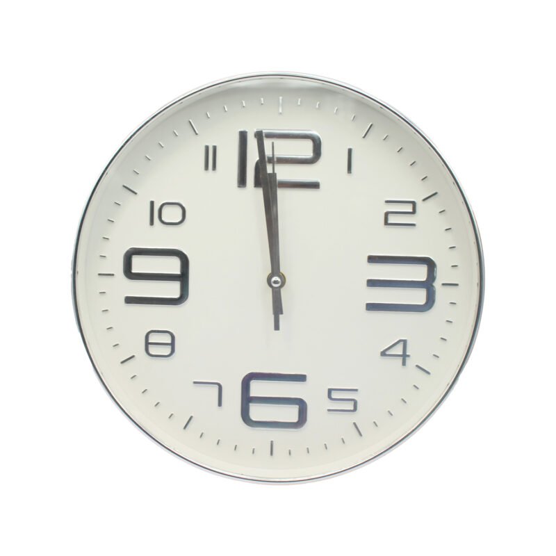 reloj mural 30 cmwhite con numeros silver, marco silver