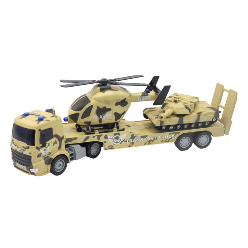 vehiculo a friccion camion remolque con tanque de rueda libre y helicoptero escala 1:18