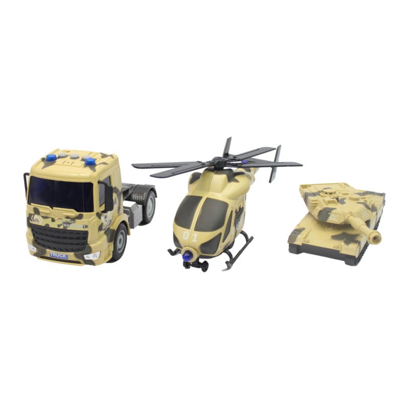 vehiculo a friccion camion remolque con tanque de rueda libre y helicoptero escala 1:18 — vista 2