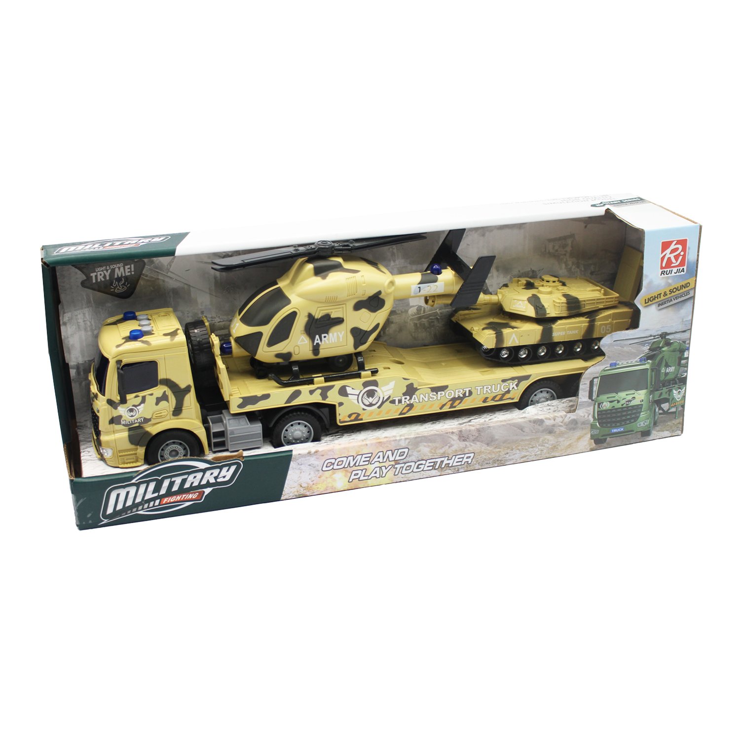 vehiculo a friccion camion remolque con tanque de rueda libre y helicoptero escala 1:18 vehiculo a friccion camion remolque con tanque de rueda libre y helicoptero escala 1:18