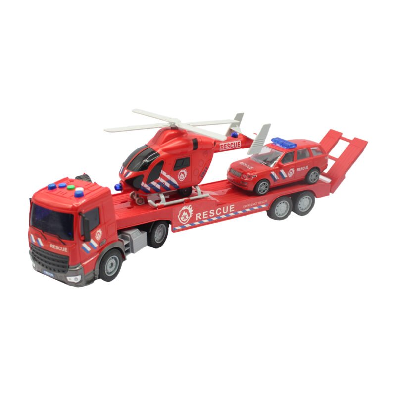 vehiculo a friccion camion remolque con auto de rescate de rueda libre y helicoptero escala 1:18