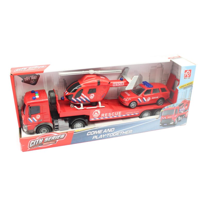 vehiculo a friccion camion remolque con auto de rescate de rueda libre y helicoptero escala 1:18 — vista 6