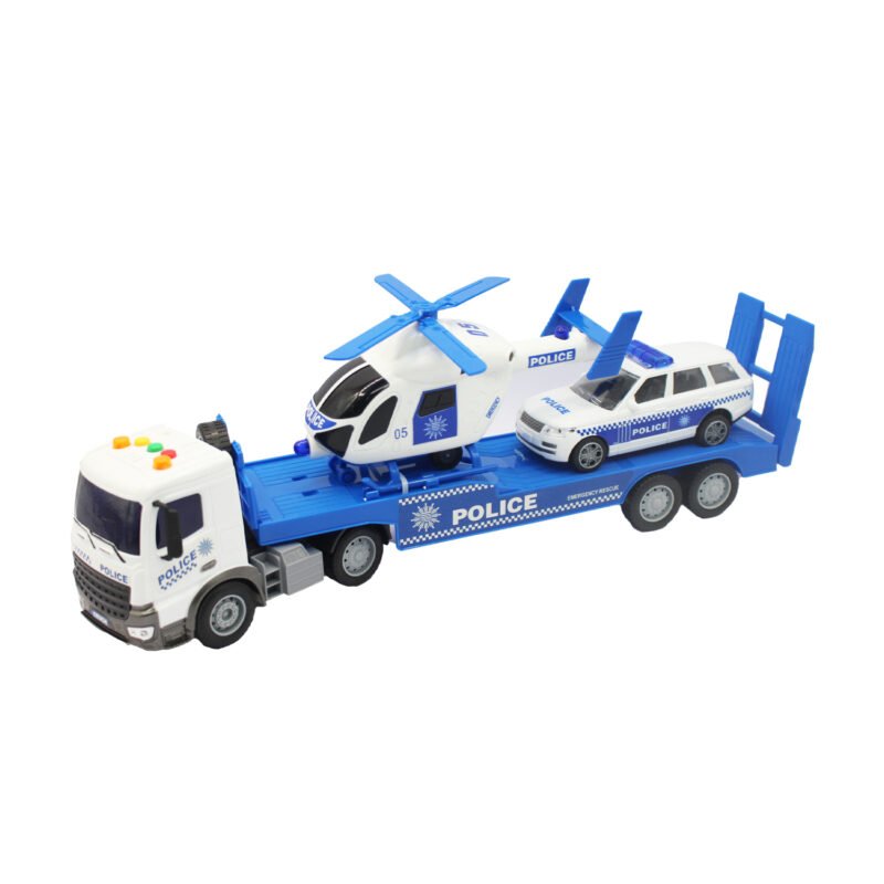 vehiculo a friccion camion remolque con auto policia de rueda libre y helicoptero escala 1:18
