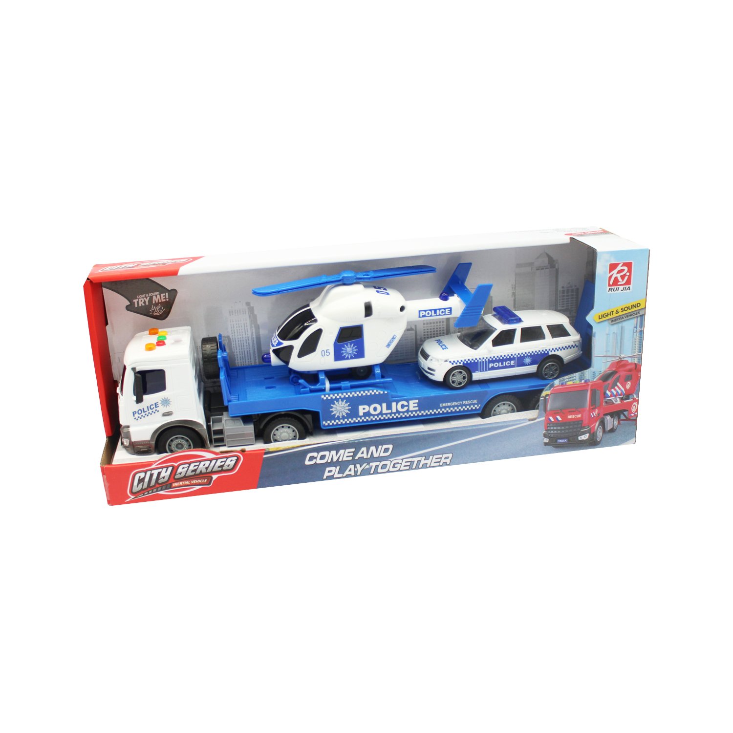 vehiculo a friccion camion remolque con auto policia de rueda libre y helicoptero escala 1:18 vehiculo a friccion camion remolque con auto policia de rueda libre y helicoptero escala 1:18