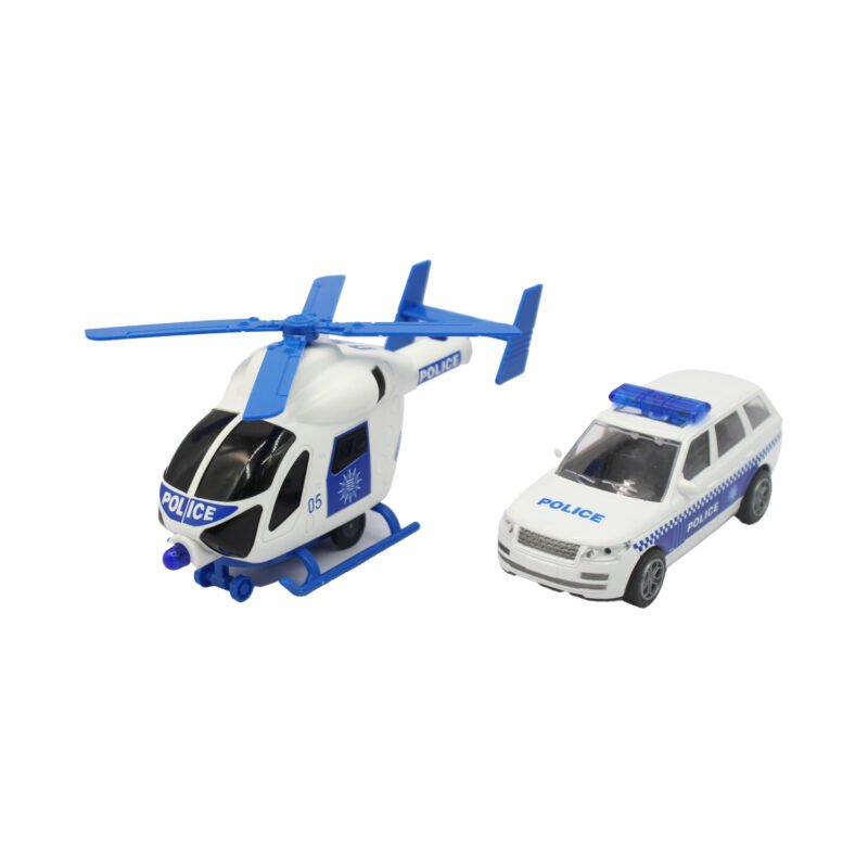 vehiculo a friccion camion remolque con auto policia de rueda libre y helicoptero escala 1:18 — vista 3