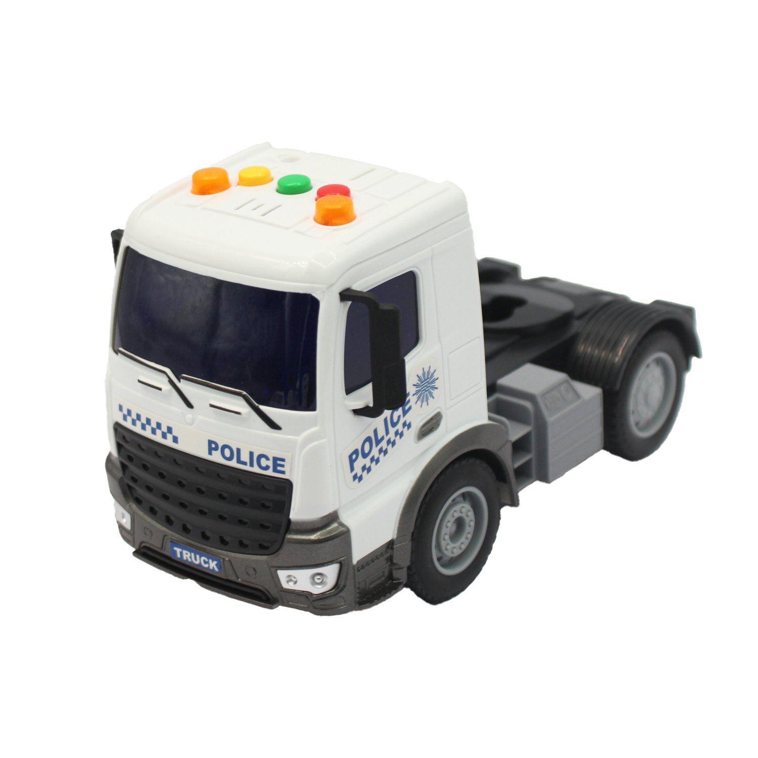 vehiculo a friccion camion remolque con auto policia de rueda libre y helicoptero escala 1:18 vehiculo a friccion camion remolque con auto policia de rueda libre y helicoptero escala 1:18