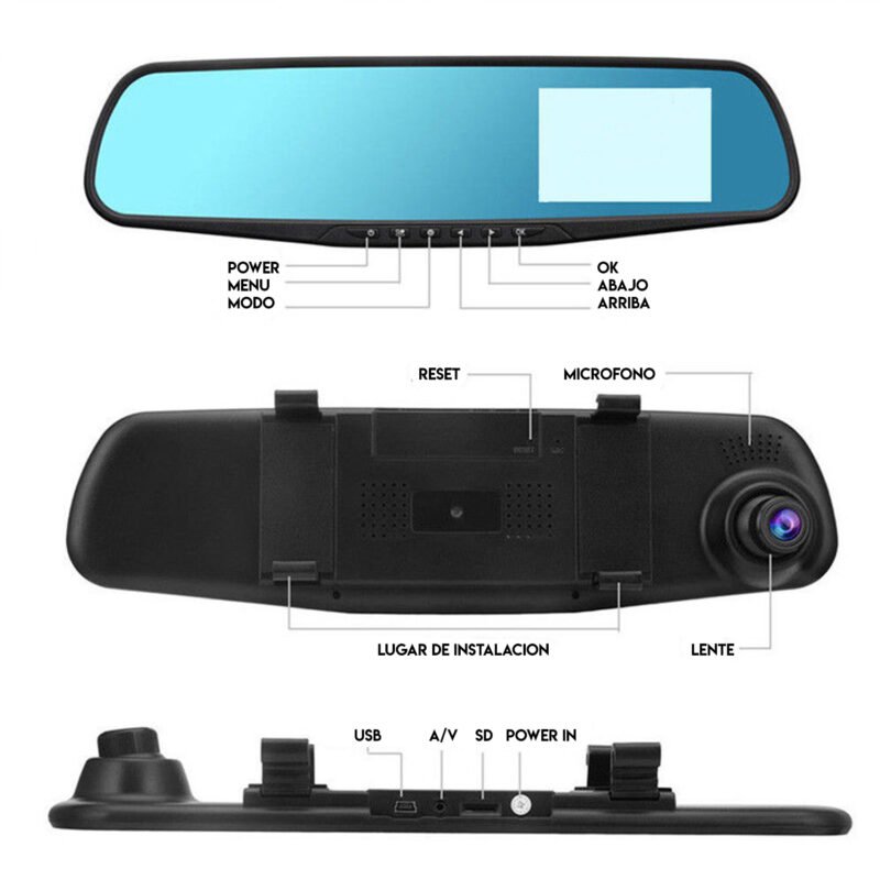 espejo retrovisor + camara frontal y camara de retroceso