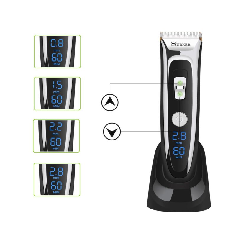 cortadora de cabello, cabezales de titanio y cuchillas de ceramica. pantalla led, 6 extremos intercambiables.