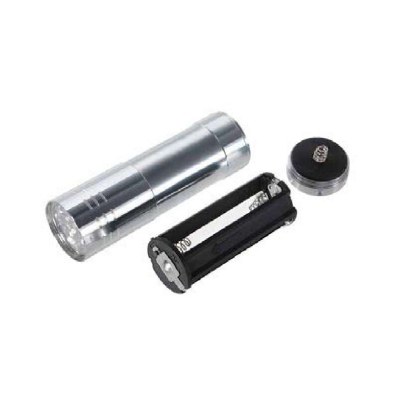 linterna led uv de bolsillo, 9 bombillas, resistente al agua, 3w, funciona con 3 pilas aaa. — vista 3