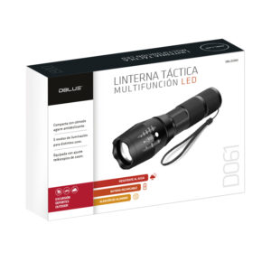 linterna led con 5 modos, zoom ajustable, resistente al agua y golpes, con cargador incluido.