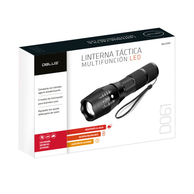 linterna led con 5 modos, zoom ajustable, resistente al agua y golpes, con cargador incluido.