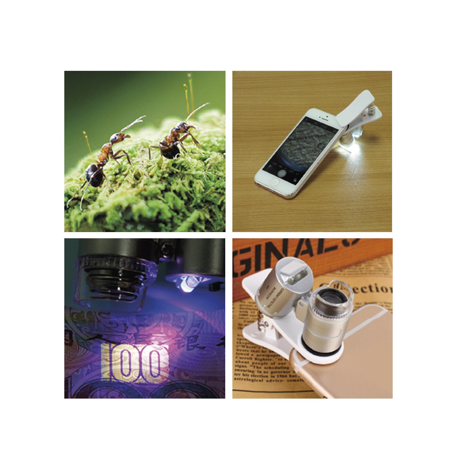 microscopio universal para smartphones: lupa 60x, detector ultravioleta, luz led, portatil. microscopio universal para smartphones: lupa 60x, detector ultravioleta, luz led, portatil.