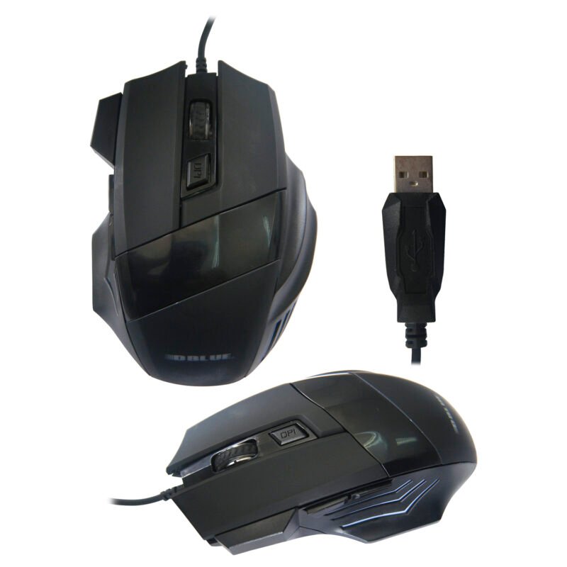 mouse gamer usb, resolucion ajustable 800 1200 1600dpi, luz led, agarre de silicona. black blue