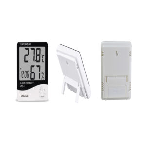alarma dblue medidor ambiental temperatura y humedad, termometro, reloj, calendario, pantalla digital.