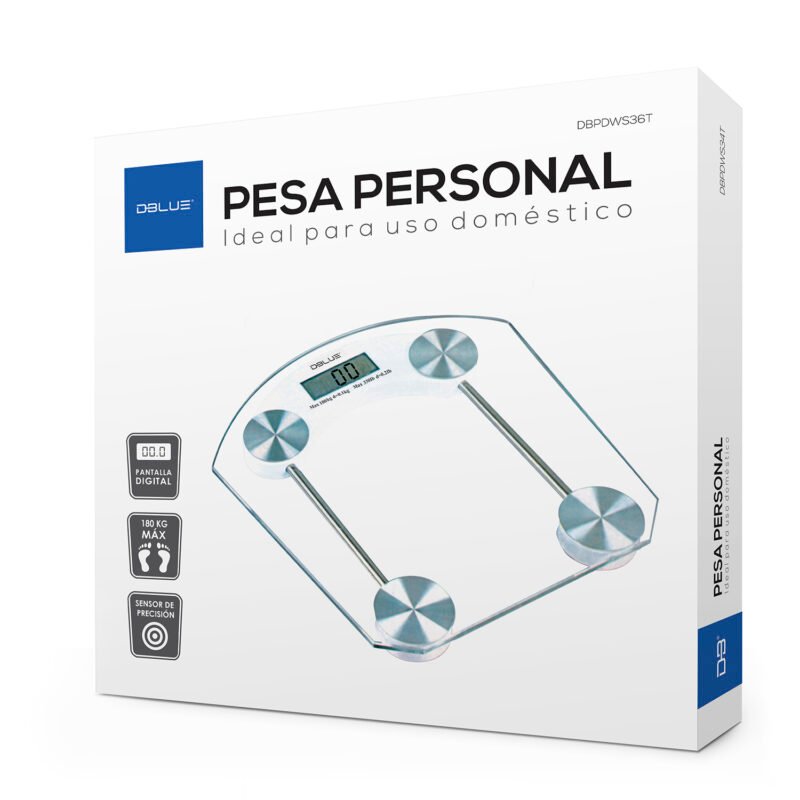 pesa personal dblue digital, 180kg, cristal templado 6mm, lcd 4 digitos, auto encendido, bateria no incluida.