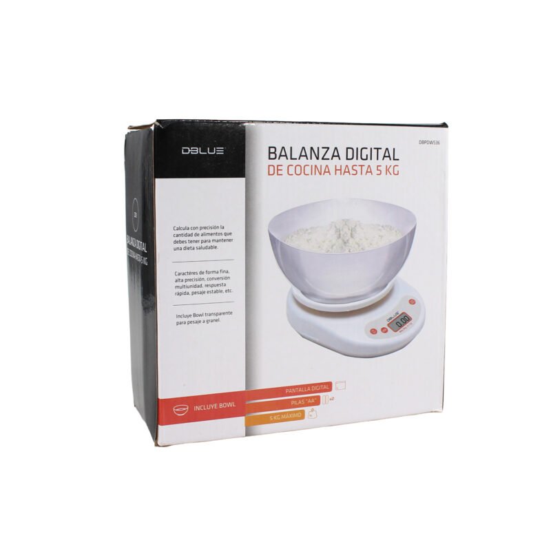 pesa digital dblue para cocina con recipiente hasta 5 kg.