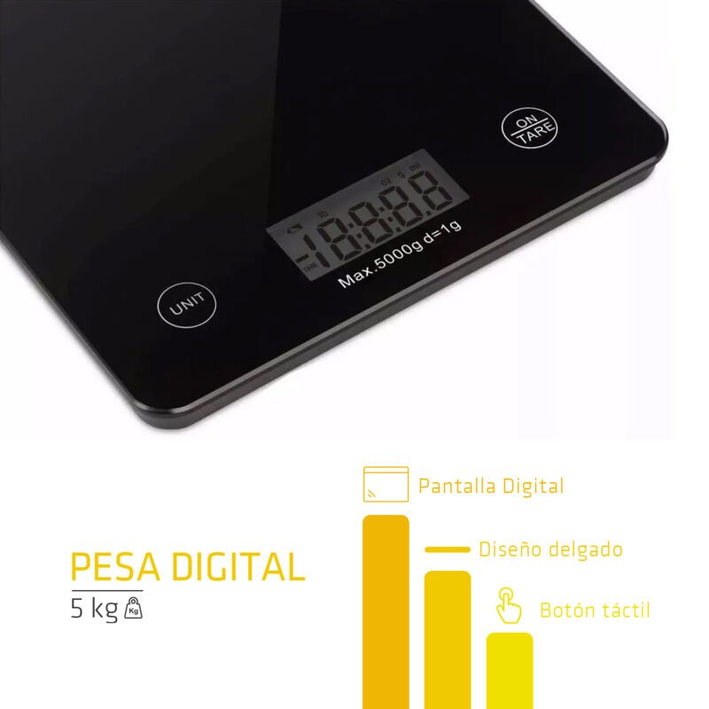 pesa digital cocina vidrio slim 5 kilos. black