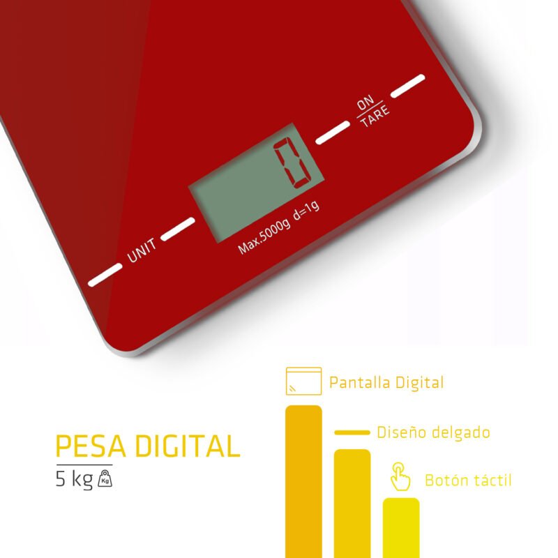 bascula digital dblue 5kg, lcd, unidades g/kg/lb/ml/oz, funcion tara, apagado automatico, vidrio delgado. red — vista 4
