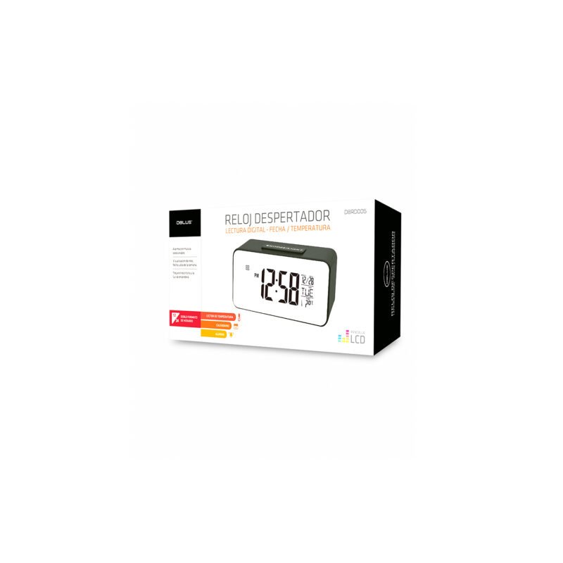 reloj despertador musical, calendario mensual/semanal/diario, 12/24h, temperatura, iluminacion tactil, 2 pila aaa.