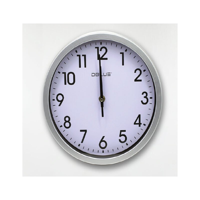 reloj de pared 25cm, bordes plateados, numeros y manecillas negros, plastico, sin pilas (1xaa). silver