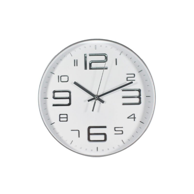reloj de pared 30cm, bordes y numeros plateados, plastico, ideal para cualquier espacio, sin pilas (1xaa). plata — vista 2
