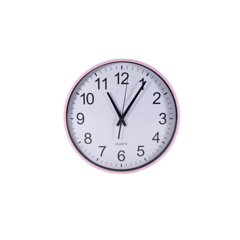 reloj de pared 35cm, bordes rosados, numeros y manecillas negros, plastico, ideal para cualquier espacio, sin pilas (1xaa). — vista 5