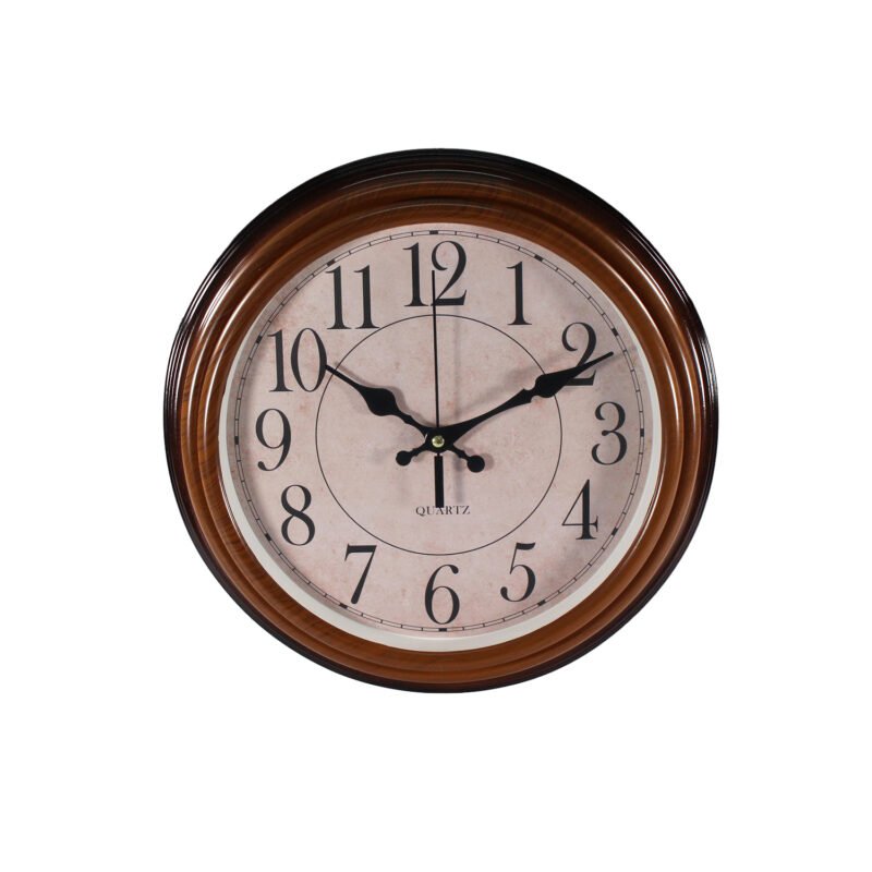 reloj de pared 40cm, bordes cafe madera, numeros y manecillas negros, plastico, ideal para cualquier espacio, sin pilas (1xaa). — vista 2
