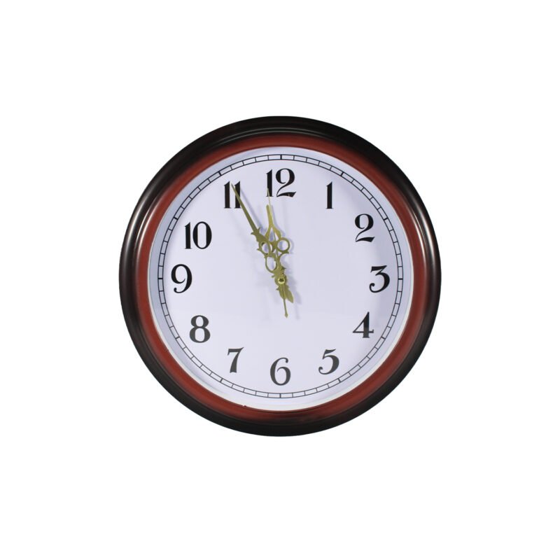 reloj de pared 40cm, bordes cafe madera, numeros y manecillas negros, plastico, ideal para cualquier espacio, sin pilas (1xaa). — vista 3